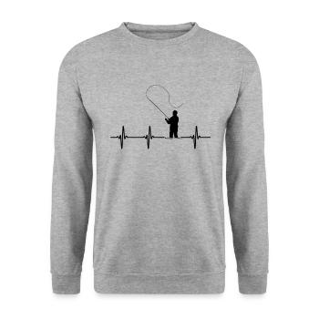 Angeln Fliegenfischen Geschenk Herzfrequenz - Unisex Pullover - Weißgrau meliert - Vorne - Alina (178cm) & Michal (187cm)