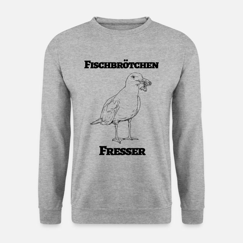 Fischbrötchen Fresser die lustige Möwe mit Fisch - Unisex Pullover - Weißgrau meliert