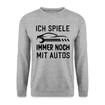 Ich spiele immer noch mit Autos KFZ Auto Sprüche - Unisex Pullover - Weißgrau meliert - Vorne - Alina (178cm) & Michal (187cm)