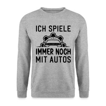 Ich spiele immer noch mit Autos KFZ Auto Sprüche - Unisex Pullover - Weißgrau meliert - Vorne - Alina (178cm) & Michal (187cm)