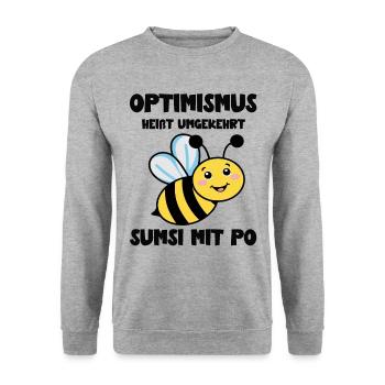 Optimismus heißt umgekehrt Sumsi mit Po Biene - Unisex Pullover - Weißgrau meliert - Vorne - Alina (178cm) & Michal (187cm)