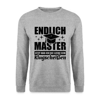 Endlich Master - mit der Lizenz zum Klugscheißen - Unisex Pullover - Weißgrau meliert - Vorne - Alina (178cm) & Michal (187cm)