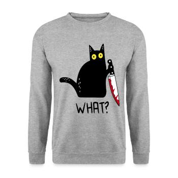 Schwarze Katze Was? - Unisex Pullover - Weißgrau meliert - Vorne - Alina (178cm) & Michal (187cm)