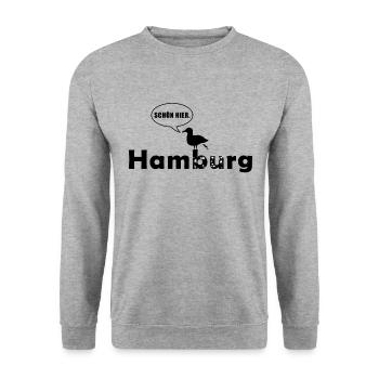 Kackende Möwe in Hamburg Souvenir und Geschenkidee - Unisex Pullover - Weißgrau meliert - Vorne - Alina (178cm) & Michal (187cm)