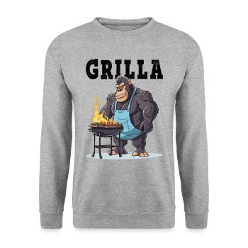 Grillen Grilla Griller Gorilla BBQ Spruch Lustig - Unisex Pullover - Weißgrau meliert - Vorne - Alina (178cm) & Michal (187cm)