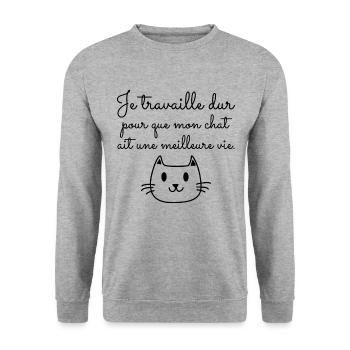 Je travaille dur poue mon chat, humour chat - Sweat-shirt Unisexe - gris chiné - Devant - Alina (178cm) & Michal (187cm)