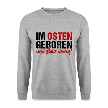 Im Osten Geboren Und Stolz Drauf! DDR Ossi Motto - Unisex Pullover - Weißgrau meliert - Vorne - Alina (178cm) & Michal (187cm)