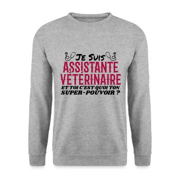 Assistante | Véto | Cadeau | Super Pouvoir - Sweat-shirt Unisexe - gris chiné - Devant - Alina (178cm) & Michal (187cm)