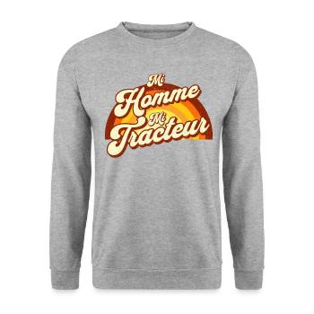 "Moitié homme, moitié tracteur: 100% passion!" - Sweat-shirt Unisexe - gris chiné - Devant - Alina (178cm) & Michal (187cm)