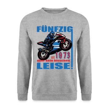50 Geburtstag 1973 Motorrad Biker Lustig Spruch - Unisex Pullover - Weißgrau meliert - Vorne - Alina (178cm) & Michal (187cm)