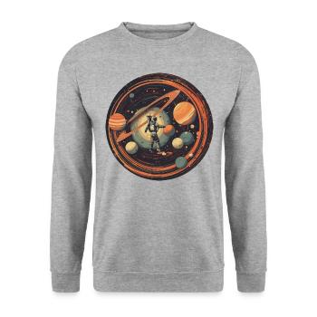 Astronaut im Weltraum mit Sonnensystem und - Unisex Pullover - Weißgrau meliert - Vorne - Alina (178cm) & Michal (187cm)