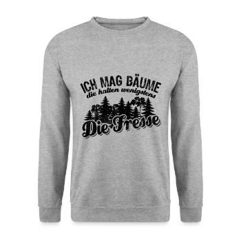 Ich mag Bäume die halten wenigstens die Fresse - Unisex Pullover - Weißgrau meliert - Vorne - Alina (178cm) & Michal (187cm)