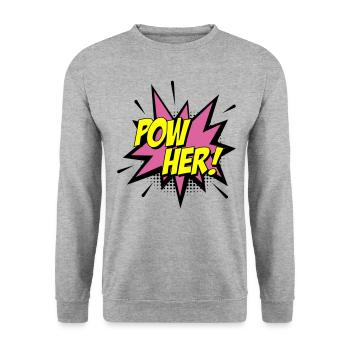 Farben änderbar | Pow her Frau Energie Power - Unisex Pullover - Weißgrau meliert - Vorne - Alina (178cm) & Michal (187cm)