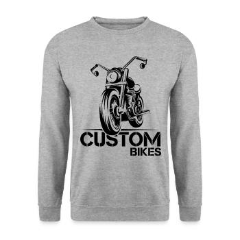 custom bikes Biker Garage Motorrad Illustration - Unisex Pullover - Weißgrau meliert - Vorne - Alina (178cm) & Michal (187cm)