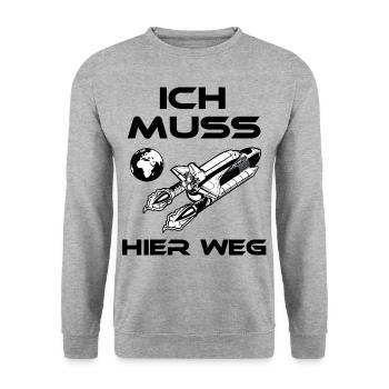 Ich muss weg - Weltall Raumschiff - Spruch lustig - Unisex Pullover - Weißgrau meliert - Vorne - Alina (178cm) & Michal (187cm)