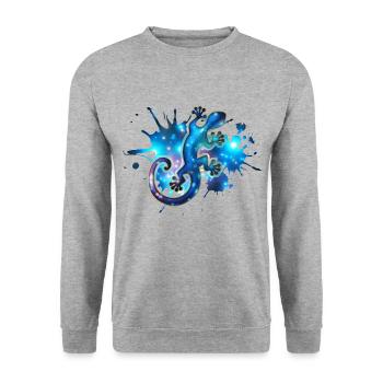 Space Gecko, Galaxie, Sterne, Weltraum, Surfen, - Unisex Pullover - Weißgrau meliert - Vorne - Alina (178cm) & Michal (187cm)