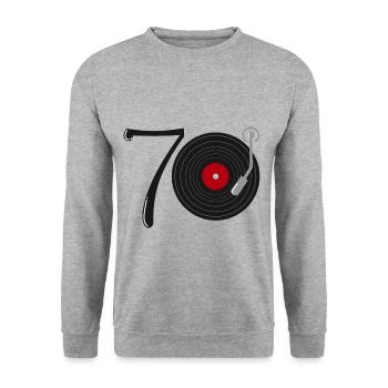 70er Jahre Musik Schallplatte - Unisex Pullover - Weißgrau meliert - Vorne - Alina (178cm) & Michal (187cm)
