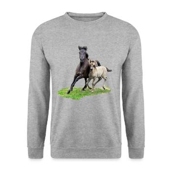 Dülmener Wildpferde Stute mit Fohlen im Galopp - Unisex Pullover - Weißgrau meliert - Vorne - Alina (178cm) & Michal (187cm)