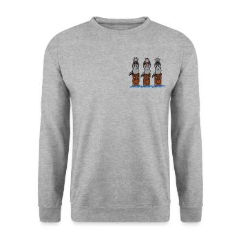 Drei Möwen die auf Buhnen sitzen .Die Möwen. - Unisex Pullover - Weißgrau meliert - Vorne - Alina (178cm) & Michal (187cm)