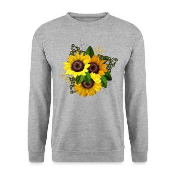 Gelbe Sonnenblume Grafik - Unisex Pullover - Weißgrau meliert - Vorne - Alina (178cm) & Michal (187cm)