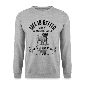 Life is better with Mops Hund Retro Vintage - Unisex Pullover - Weißgrau meliert - Vorne - Alina (178cm) & Michal (187cm)