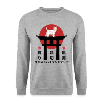 West Highland white Terrier Japan Kanji Stil - Unisex Pullover - Weißgrau meliert - Vorne - Alina (178cm) & Michal (187cm)