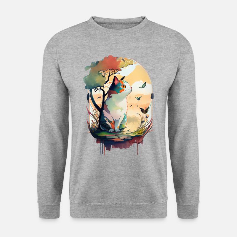 Katze und Schmetterlinge unter dem Baum in Aquarell - Unisex Pullover - Weißgrau meliert