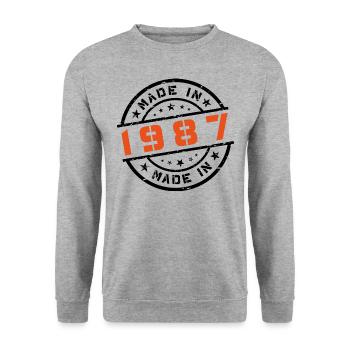 Geburtsjahr Geburtstag Born In - Made in 1987 - Unisex Pullover - Weißgrau meliert - Vorne - Alina (178cm) & Michal (187cm)