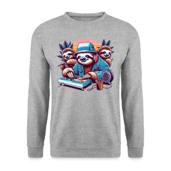 Faultier DJ Lustige Tiere Retro - Unisex Pullover - Weißgrau meliert - Vorne - Alina (178cm) & Michal (187cm)