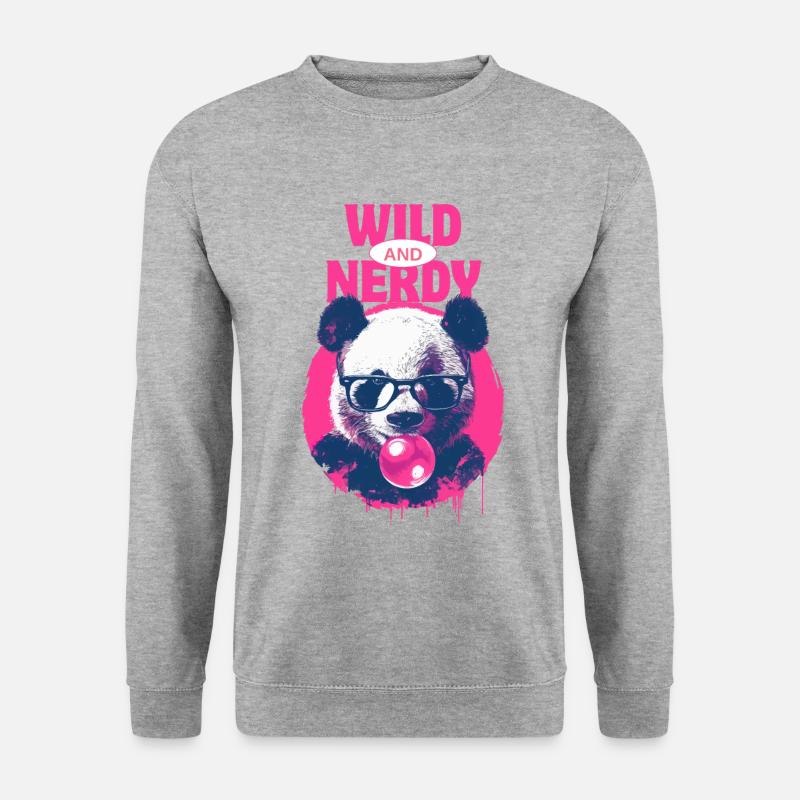 Panda mit Brille und pinkem Kaugummi - Unisex Pullover - Weißgrau meliert