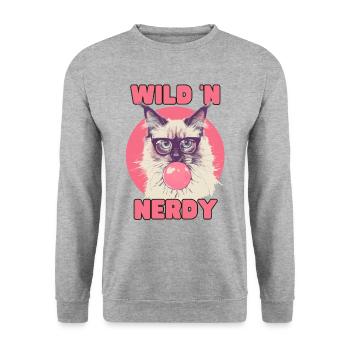 Ragdoll Katze mit Brille und pinkem Kaugummi - Unisex Pullover - Weißgrau meliert - Vorne - Alina (178cm) & Michal (187cm)