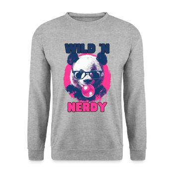 Panda mit Brille und pinkem Kaugummi - Unisex Pullover - Weißgrau meliert - Vorne - Alina (178cm) & Michal (187cm)