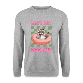 Waschbär mit Sonnebrille um pinken Schwimmreifen - Unisex Pullover - Weißgrau meliert - Vorne - Alina (178cm) & Michal (187cm)