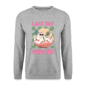Katze mit Sonnenbrille im pinkem Schwimmreifen - Unisex Pullover - Weißgrau meliert - Vorne - Alina (178cm) & Michal (187cm)
