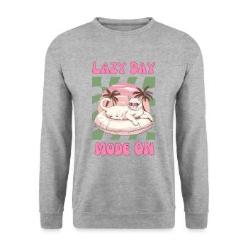 Katze mit Sonnenbrille im pinkem Schwimmreifen - Unisex Pullover - Weißgrau meliert - Vorne - Alina (178cm) & Michal (187cm)