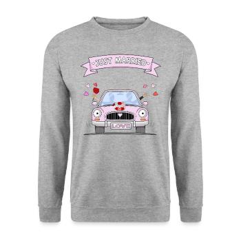 Just Married Wedding Car Pink - Unisex Sweatshirt - salt & pepper - Front - Alina (178cm) & Michal (187cm)