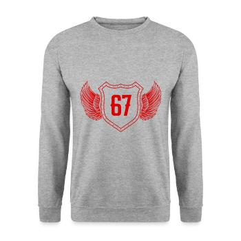 67 Zahl Wappen - Unisex Pullover - Weißgrau meliert - Vorne - Alina (178cm) & Michal (187cm)