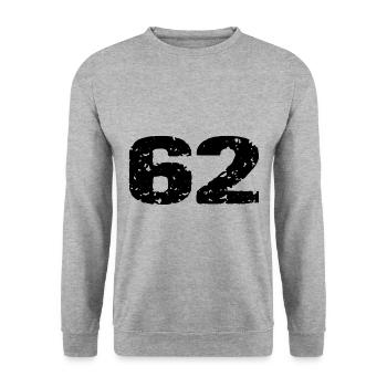 62 Zahl Trikot - Unisex Pullover - Weißgrau meliert - Vorne - Alina (178cm) & Michal (187cm)