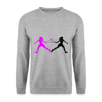 Tennis Spielerin Silhouette - Unisex Pullover - Weißgrau meliert - Vorne - Alina (178cm) & Michal (187cm)