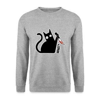 Cat What? funny black cat with knife - Unisex Sweatshirt - salt & pepper - Front - Alina (178cm) & Michal (187cm)