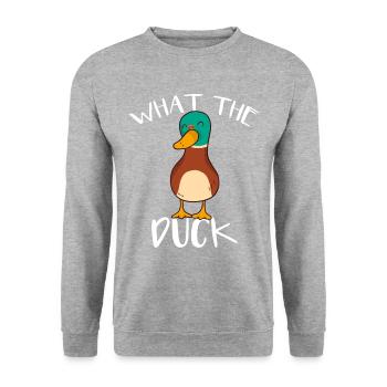 What The Duck - Lustiger Spruch - Witzige Ente - Unisex Pullover - Weißgrau meliert - Vorne - Alina (178cm) & Michal (187cm)