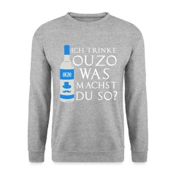 Ich trink Ouzo Was Machst Du So? Lustiger Spruch - Unisex Pullover - Weißgrau meliert - Vorne - Alina (178cm) & Michal (187cm)