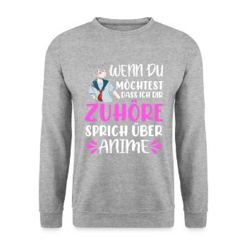 Lustiger Anime Spruch Humorvolles Anime - Unisex Pullover - Weißgrau meliert - Vorne - Alina (178cm) & Michal (187cm)
