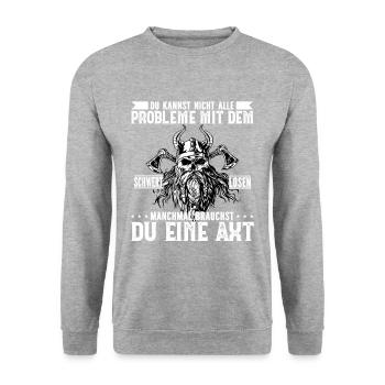 Wikinger Axt Totenschädel Viking Krieger - Unisex Pullover - Weißgrau meliert - Vorne - Alina (178cm) & Michal (187cm)