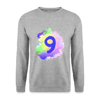9 Zahl Klecks - Unisex Pullover - Weißgrau meliert - Vorne - Alina (178cm) & Michal (187cm)