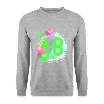 48 Zahl Klecks - Unisex Pullover - Weißgrau meliert - Vorne - Alina (178cm) & Michal (187cm)