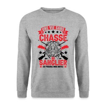 Une Vie Sans Chasse | Sanglier | Chasseur - Sweat-shirt Unisexe - gris chiné - Devant - Alina (178cm) & Michal (187cm)