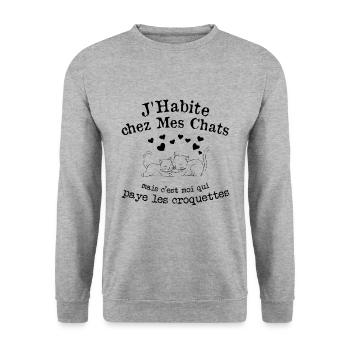 J'habite chez Mes Chats Humour Chat Drôle - Sweat-shirt Unisexe - gris chiné - Devant - Alina (178cm) & Michal (187cm)