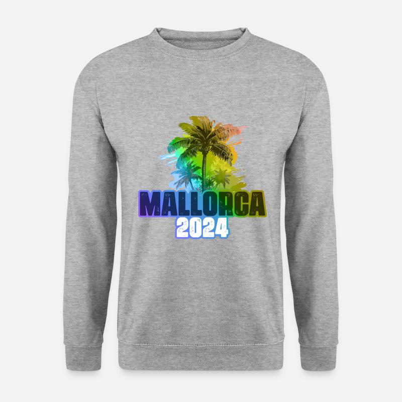 Mallorca 2024 Urlaub Palmen Bunt - Unisex Pullover - Weißgrau meliert