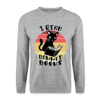 Ich lese verbotene Bücher Katze - Unisex Pullover - Weißgrau meliert - Vorne - Alina (178cm) & Michal (187cm)
